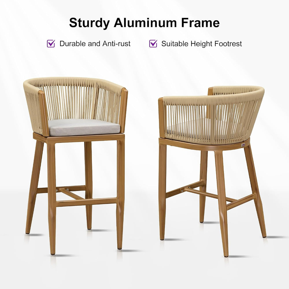 PURPLE LEAF 4 PCS Outdoor Height Bar Stools Rattan with Cushion, Teak