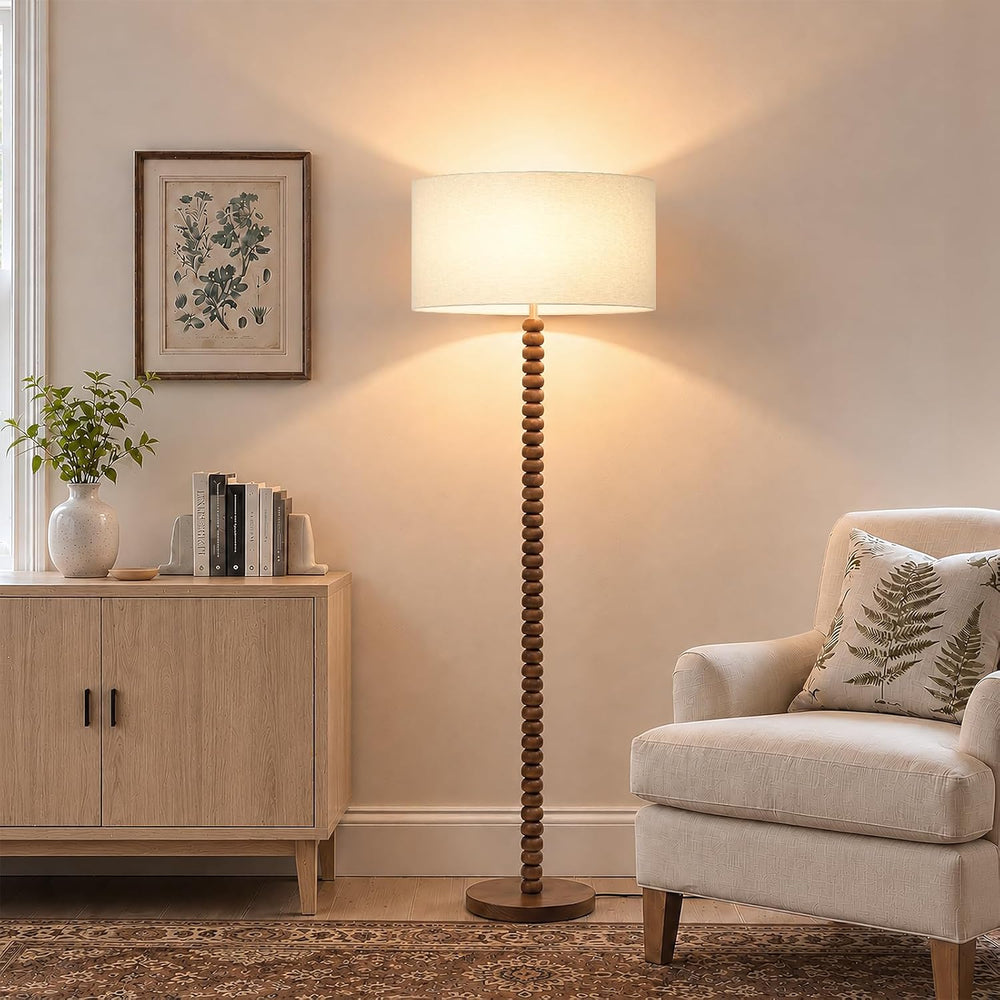 62" Farmhouse Stackable Ball Walnut Wood Floor Lamp with Linen Shade, Cream