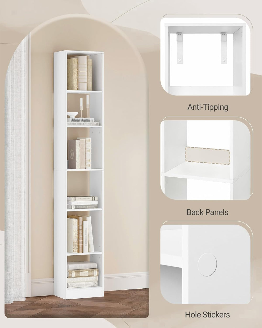 Hzuaneri Bookcase, Tall Narrow Bookshelf, Open Display Storage Shelf