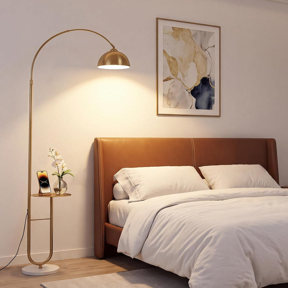 Gold Arc Floor Lamp with Table, Stepless Dimming & Remote,E26 Bulb Included