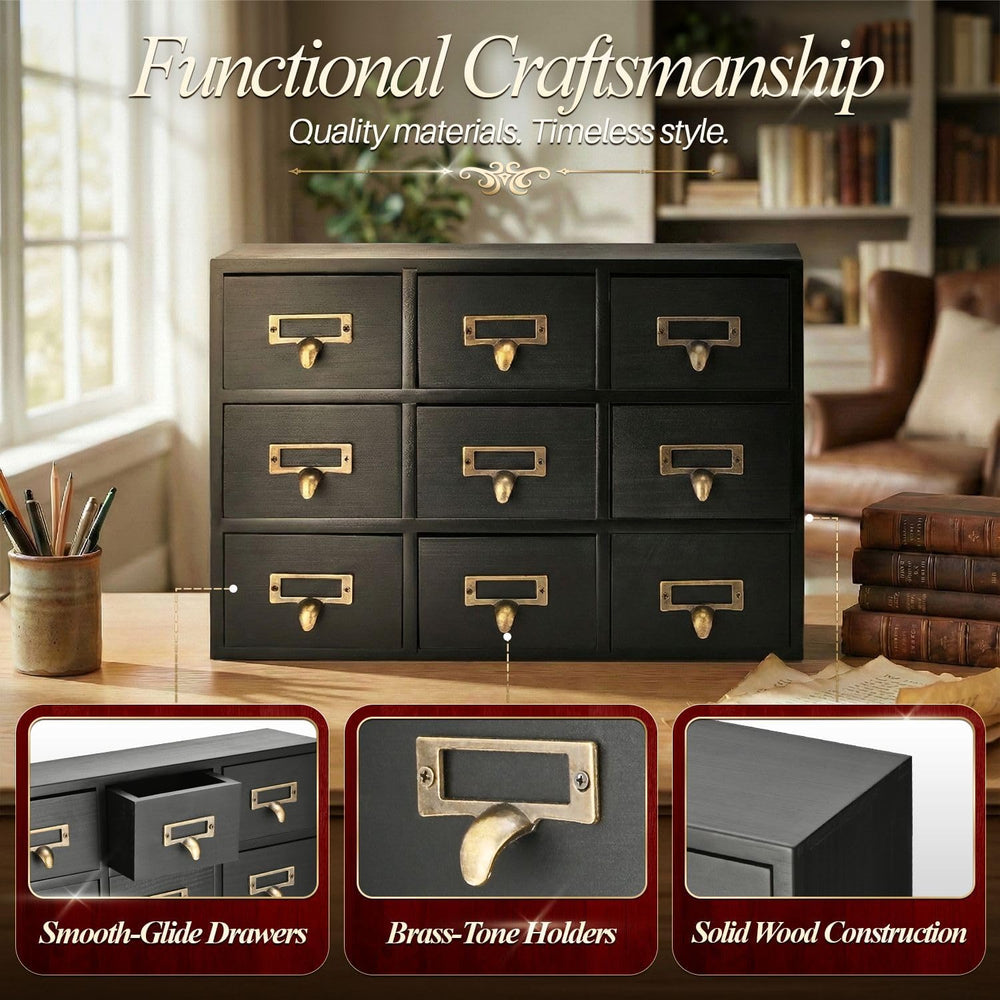 Flexzion Apothecary Cabinet with 9 Drawers, Black Card Catalog Cabinet