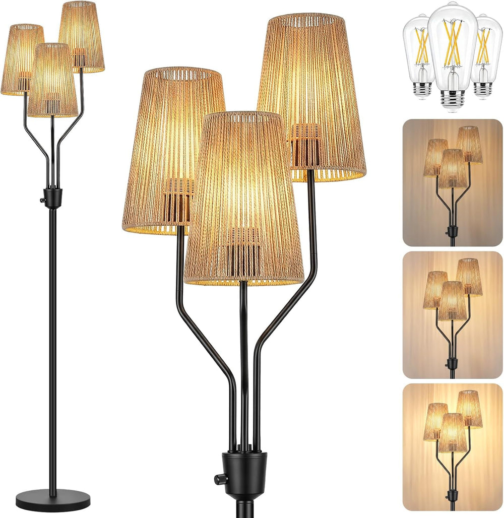 Bairth Boho Floor Lamp, Farmhouse Rattan 3-Light Floor Lamp for Living Room
