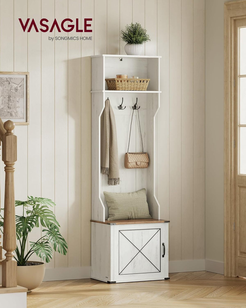 VASAGLE Hall Tree with Bench and Shoe Storage, 3 Tri-Hooks, Hinged Door