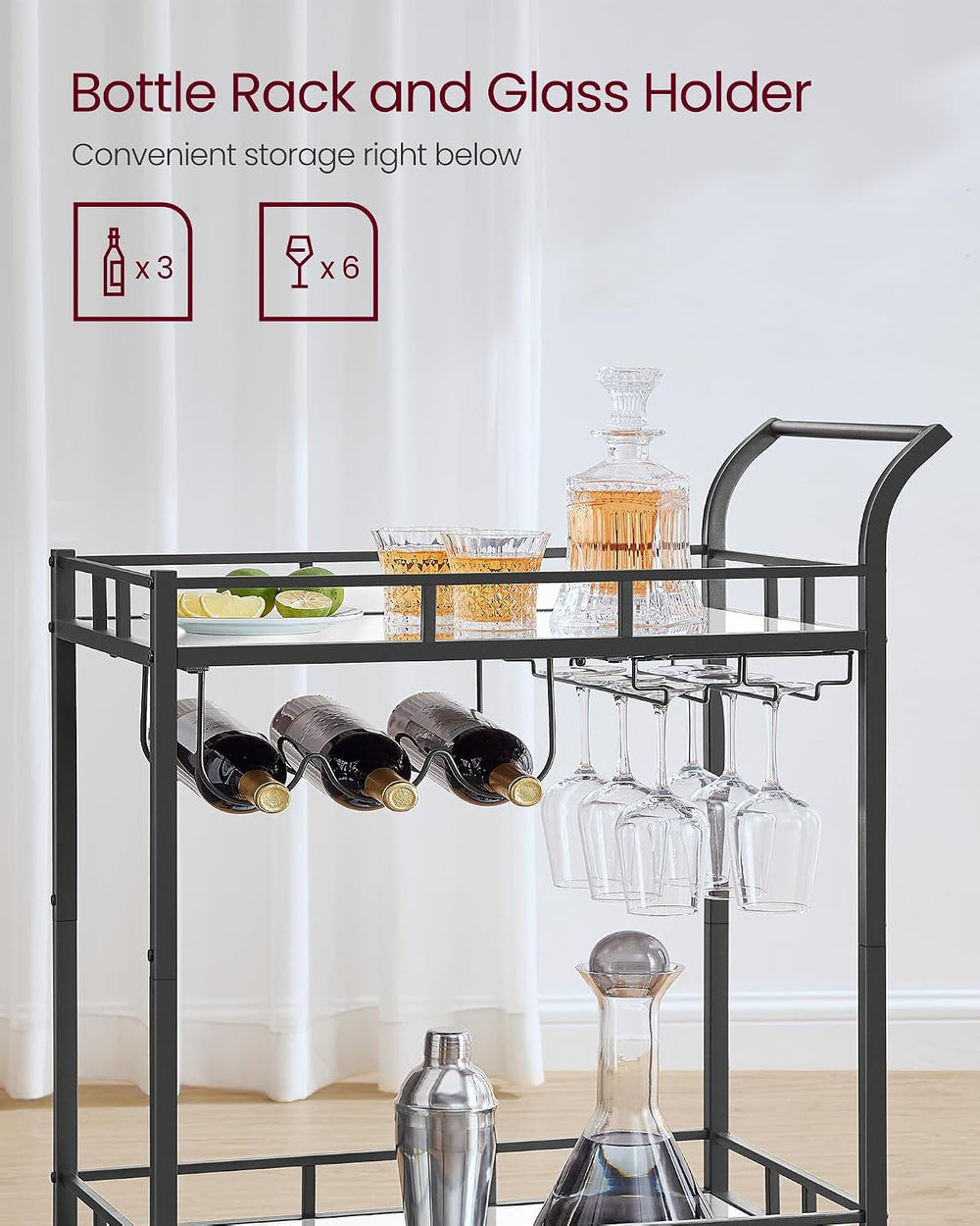 VASAGLE Bar Cart with 2 Mirrored Shelves, Wine Holders, Glass Holders
