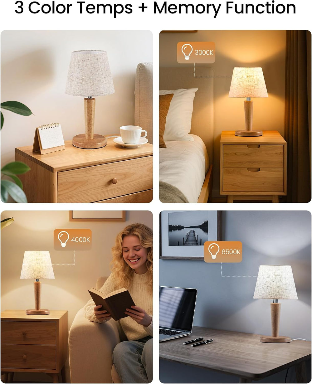 12" Wood Bedside Table Lamps Set of 2, Small Desk Lamps for Small Places...