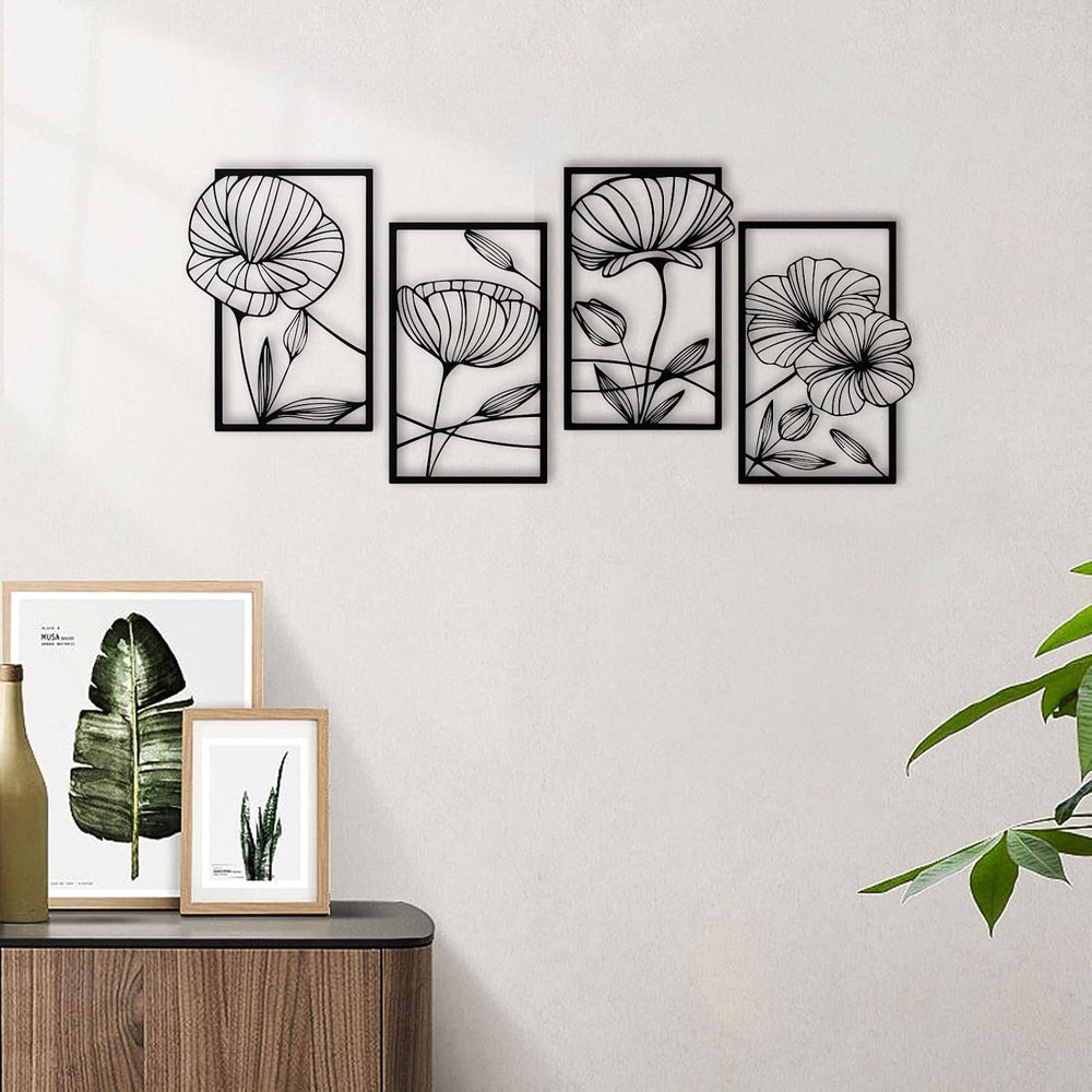 ESTART 4Pcs Metal Lotus Wall Decor Abstract Floral Line Art Sculpture