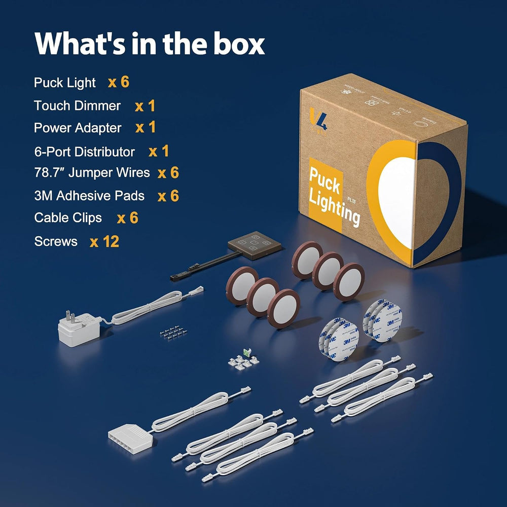 V4light Wired LED Puck Lights, 6 Pack, Plug-in Under Cabinet Lighting