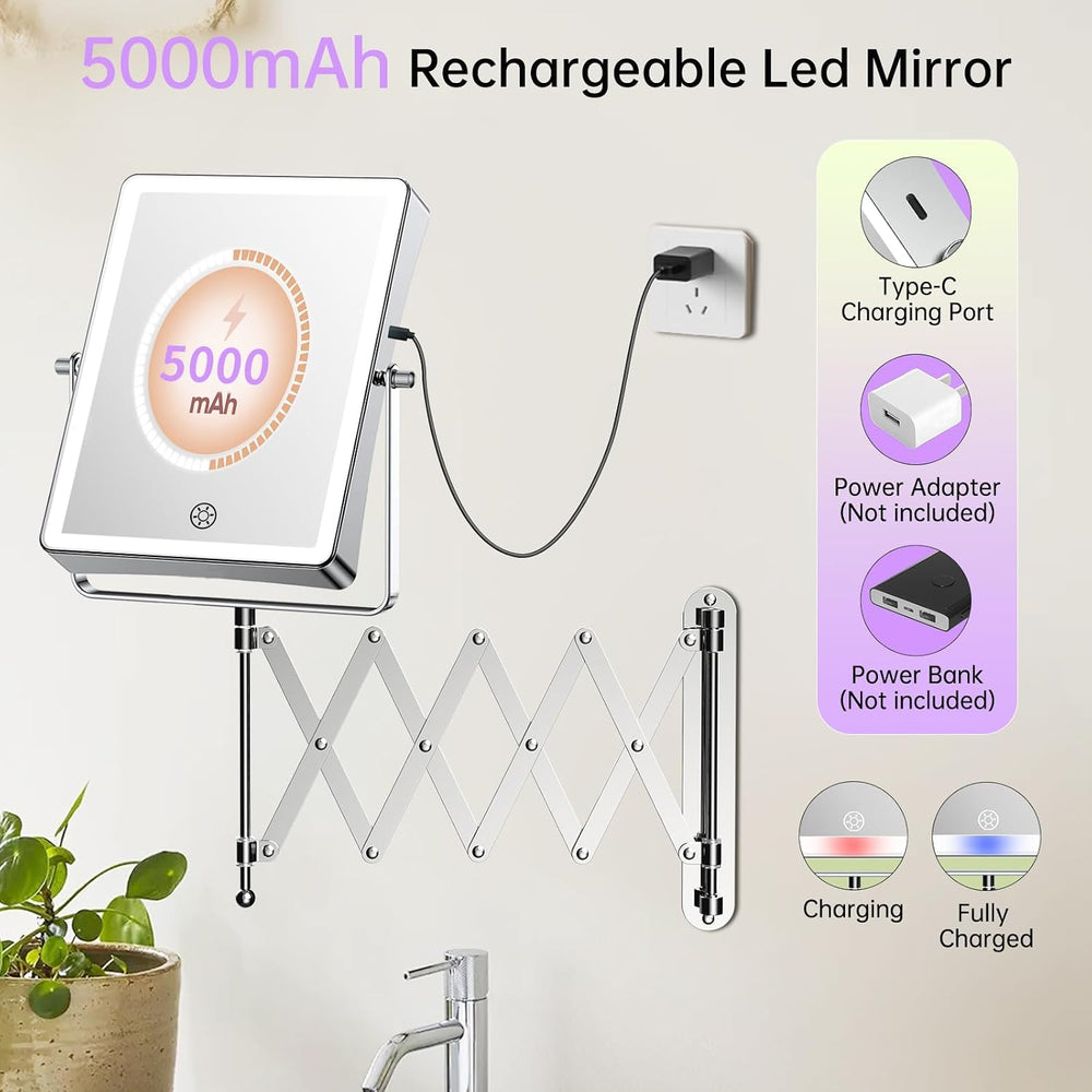 FASCINATE 8.7" 5000mAh Rechargeable Wall Mounted Makeup Mirror (Chrome)