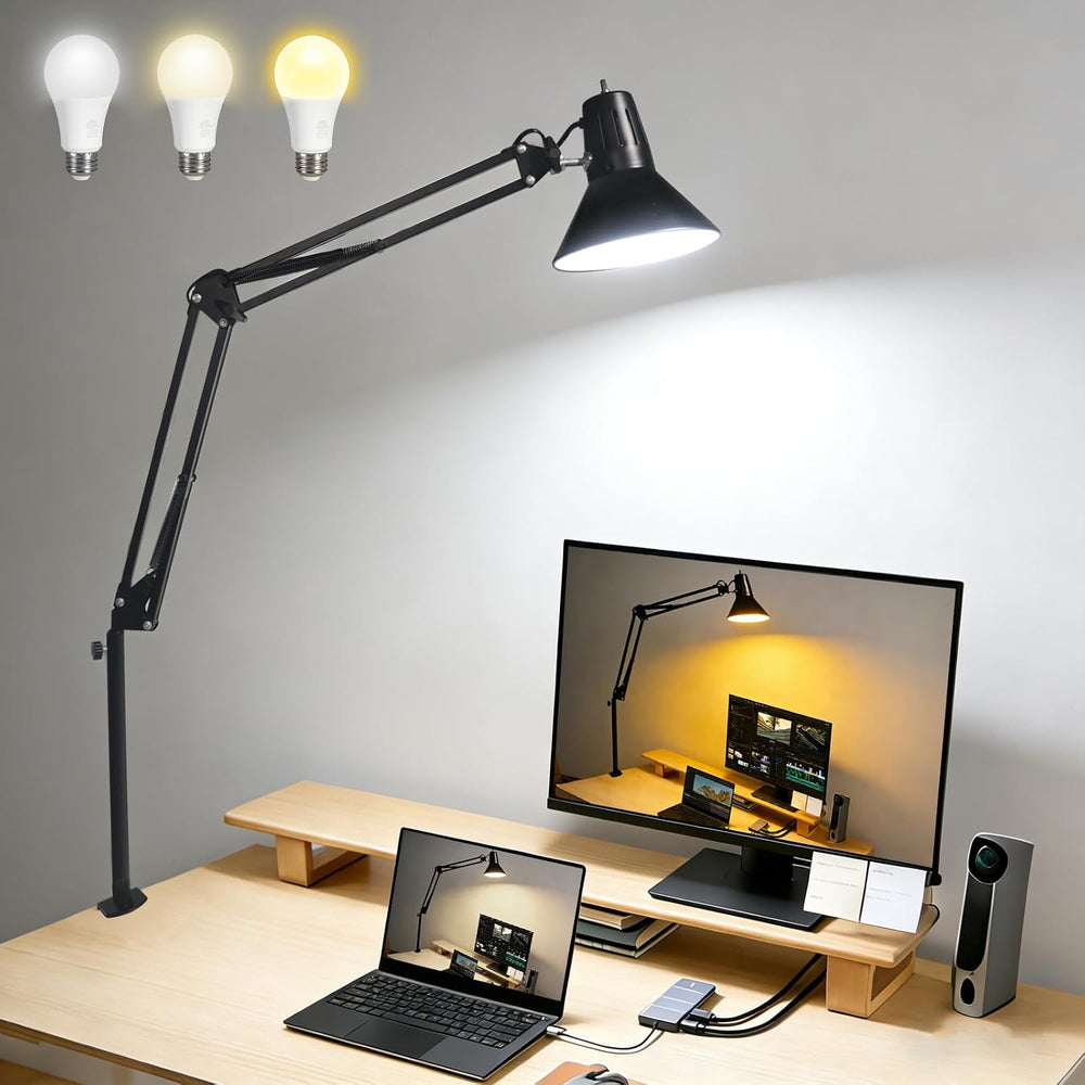 Black Dimmable Desk Lamp with Clamp, Extra-Tall Adjustable Swing Arm