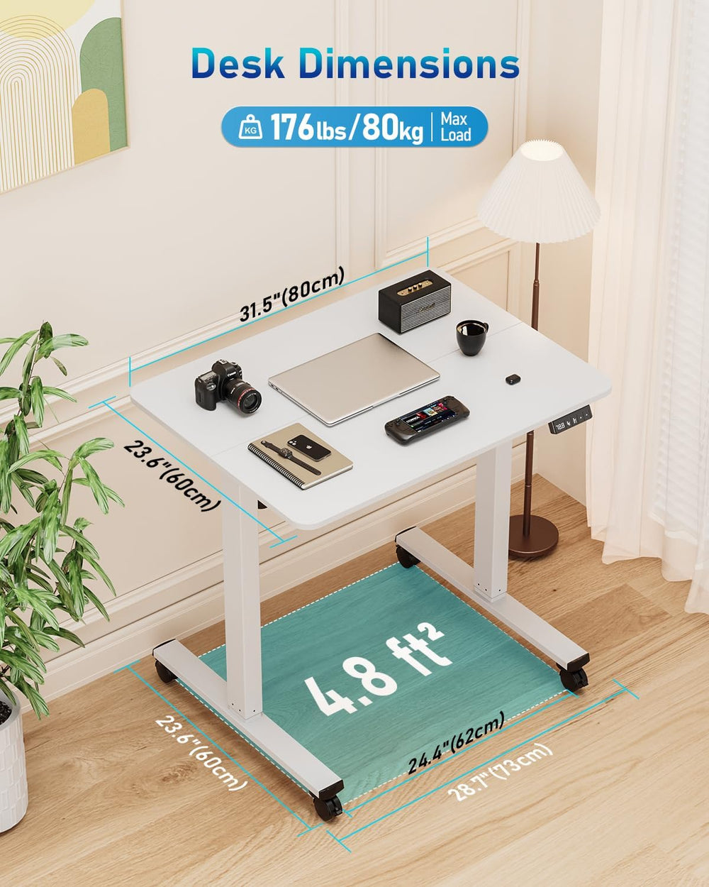 32" Small Rolling Electric Standing Desk Adjustable Height for Home Office