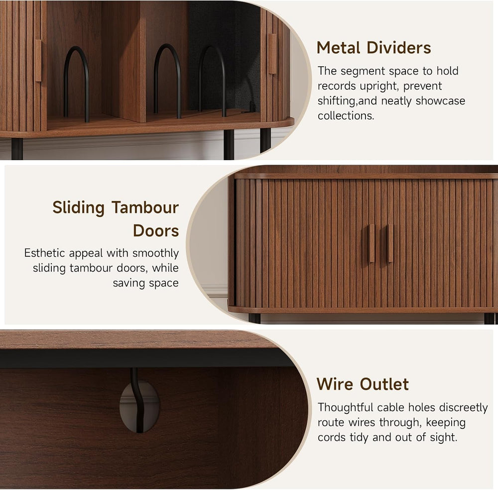 ONBRILL Mid Century Modern Record Player Stand with Charging Station,Walnut