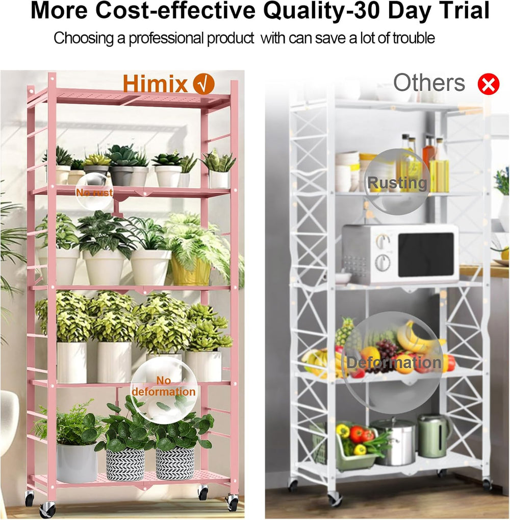 Himix 5-Tier Folding Storage Shelves with 20 Hooks Wheels Home Pink