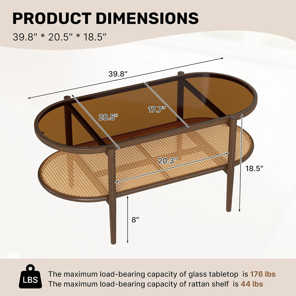 Boho Oval Coffee Table with Storage Shelf, 2-Tier Tempered Glass