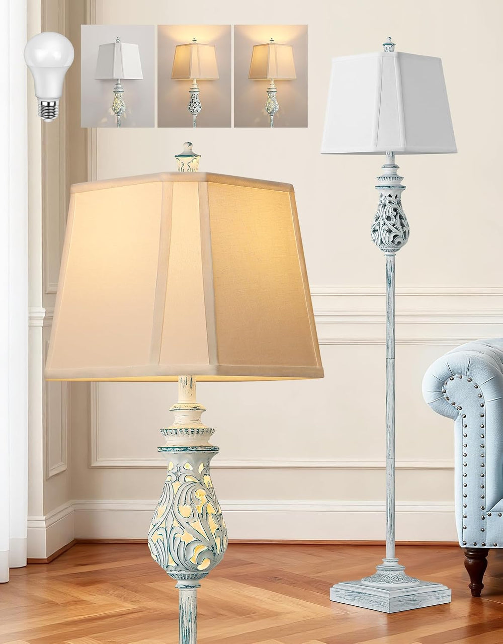 64'' Vintage Floor Lamp with Nightlight, Wash Blue (Bulb Included)