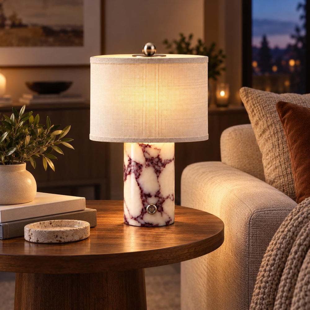 Cordless Marble Table Lamp, Calacatta Viola, White Linen Shade