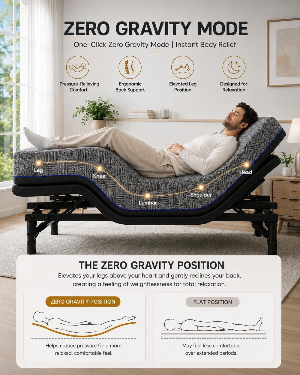 Marsail Adjustable Bed Frame Queen Electric Base, Head & Foot Incline