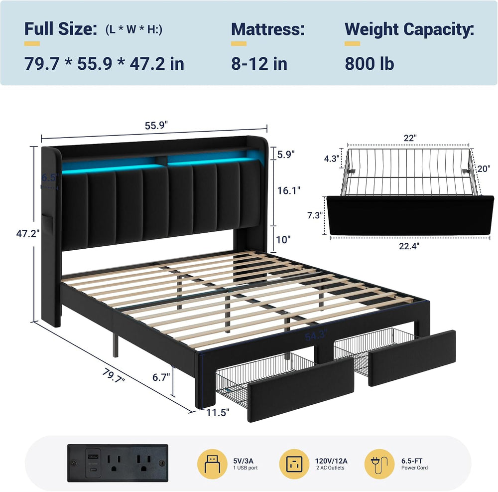 Allewie Full Size Bed Frame with 2-Tier Storage Headboard & 2 Large Drawers