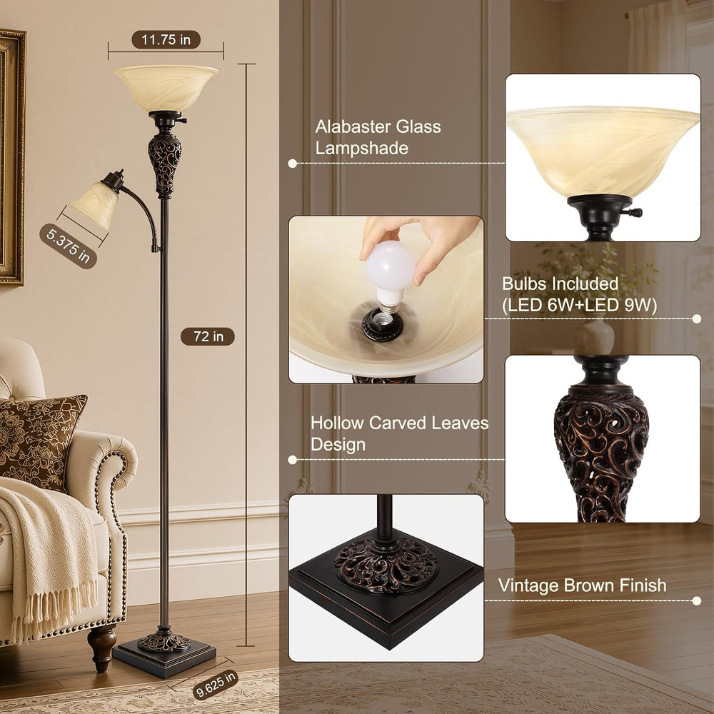 Vintage Torchiere Floor Lamp with Adjustable Reading Light, 72" Tall, Brown