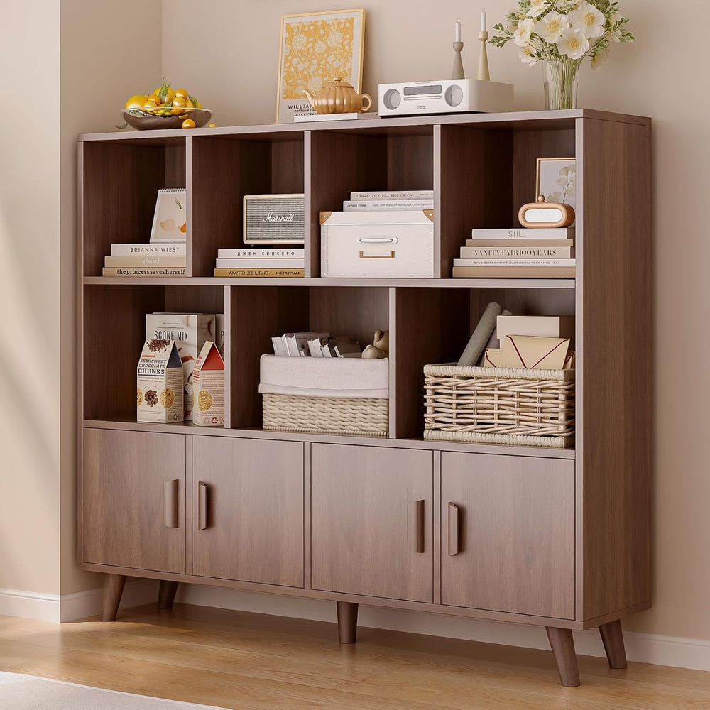OSCHF 11-Cube Bookcase with Doors, 3-Tier Storage Cabient, Walnut