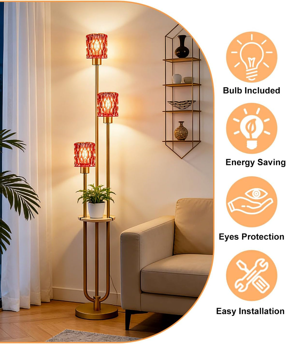 62IN Gold Floor Lamp with Deep Red Glass Shade 3-Lights Mid-Century Modern Fa...