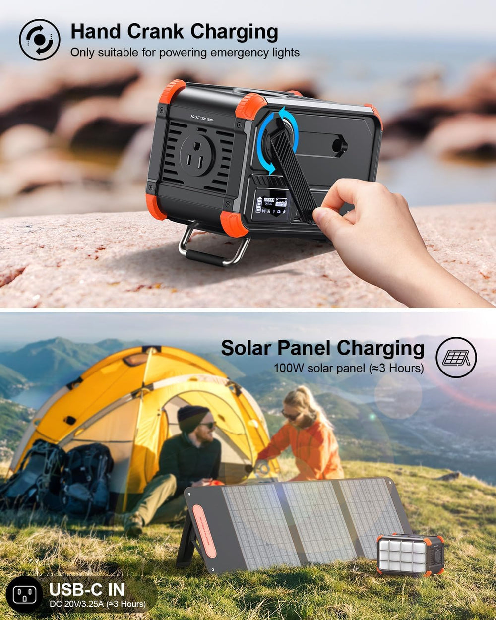 BROWEY 153Wh Portable Power Station, Solar Generator with Hand Crank
