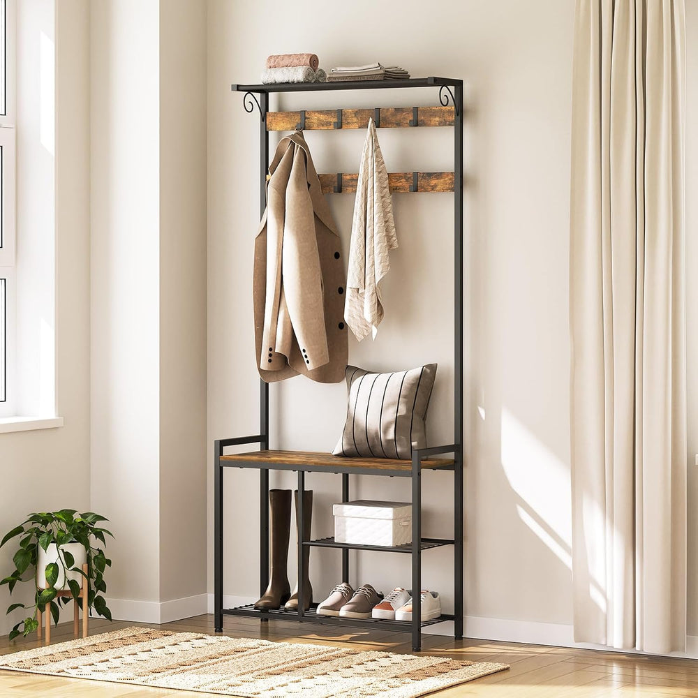 YATINEY Coat Rack Shoe Bench, 4-in-1 Hall Tree with Storage Shelves and Hangi...