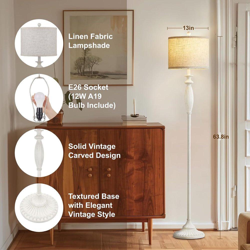 63.8" Vintage Floor Lamp, Rustic Standing Lamp with Oatmeal Linen Shade