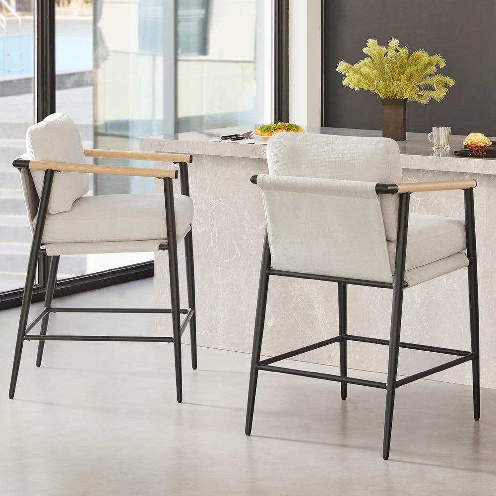 Watson & Whitely Mid Century Modern Barstools Set of 2, Fabric in Beige