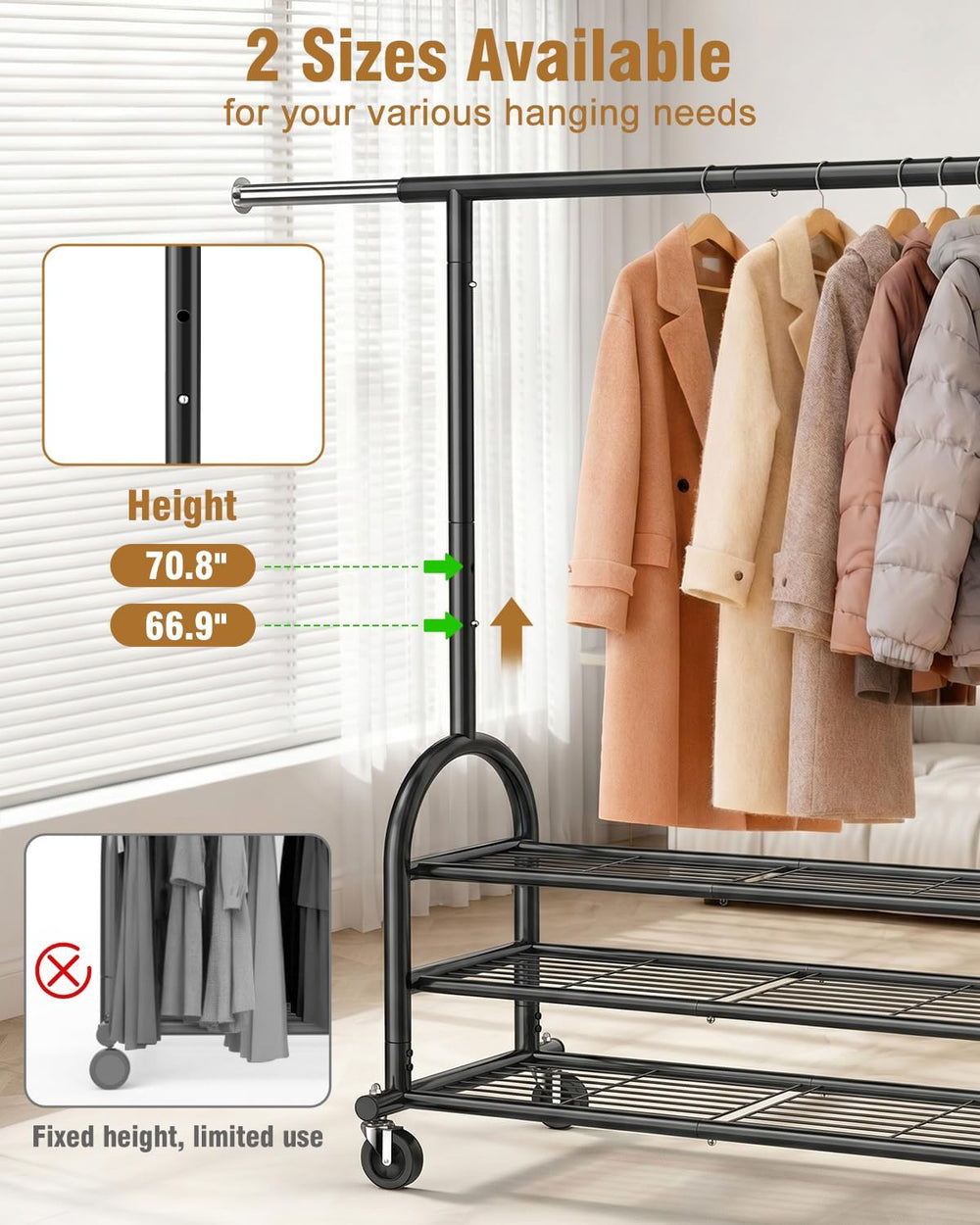 EAGMAK Rolling Clothes Rack Heavy Duty Clothing Racks with 3 Shelves, Black