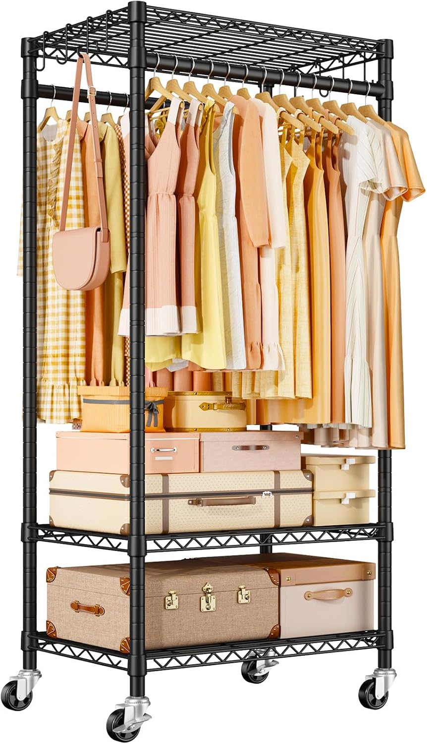ULIFHOME Clothes Rack, Rolling Clothing Racks for Hanging Clothes, Black
