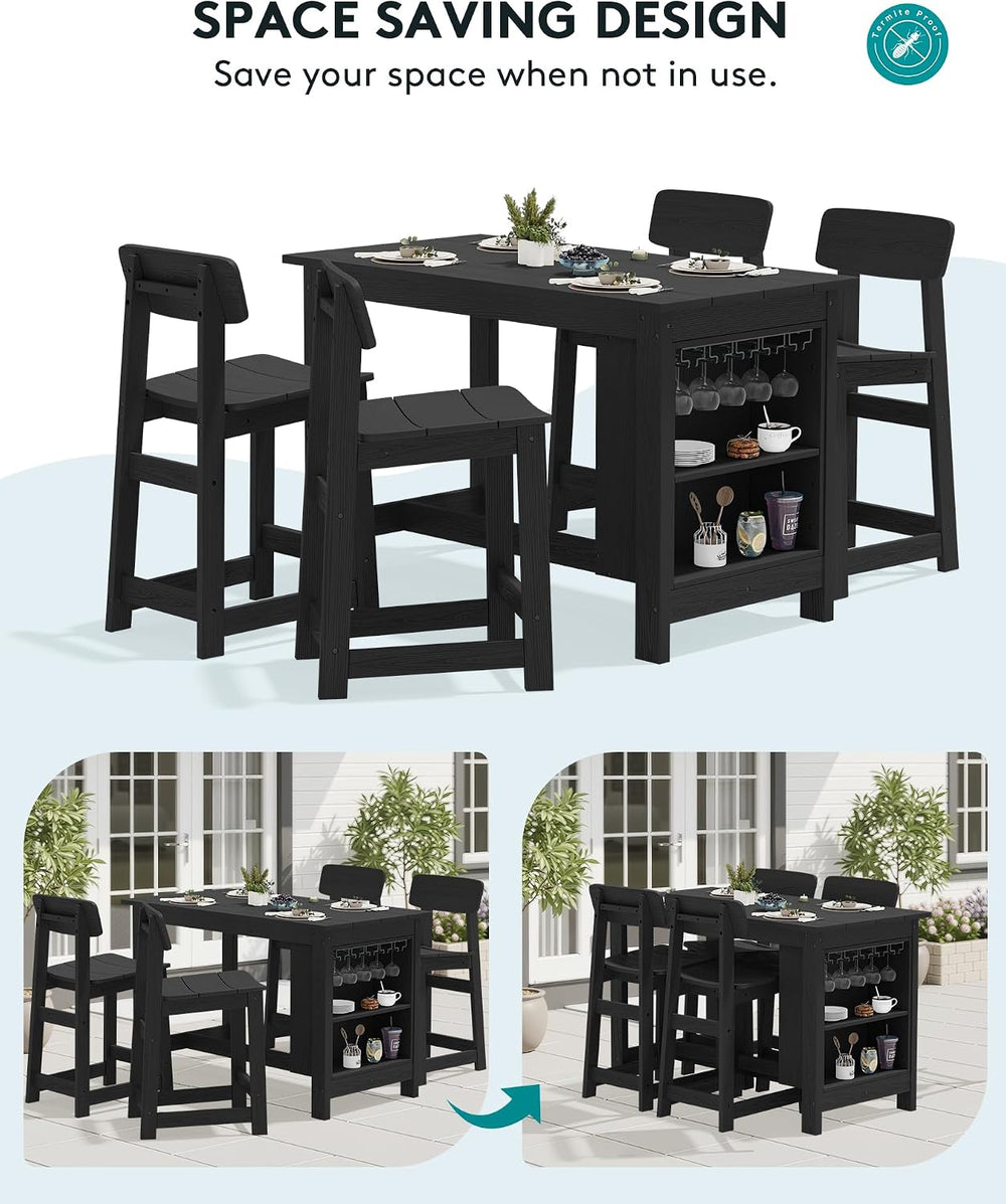 SERWALL Outdoor HDPE Counter-Height Bar Stools Set of 2, Black