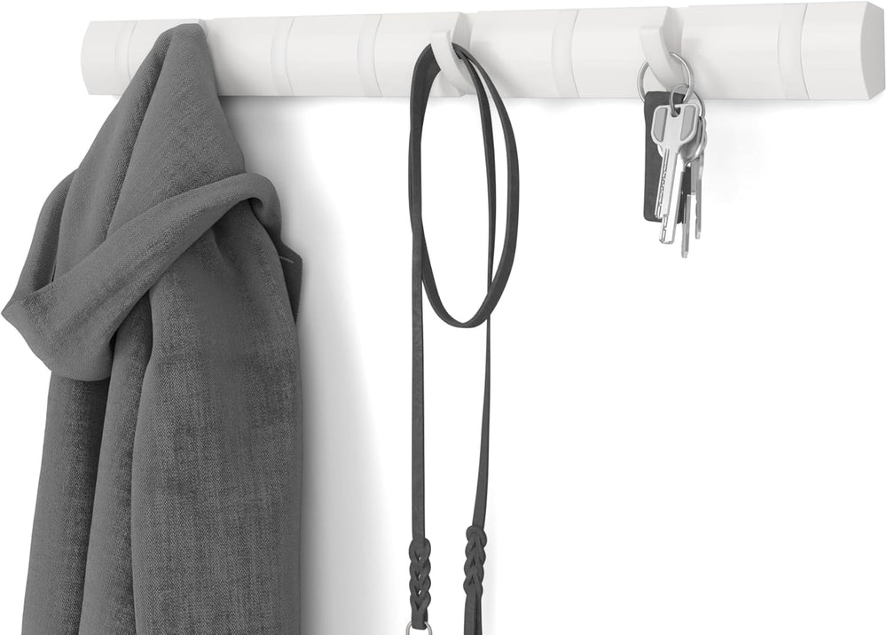Umbra Flip Coat Rack, Wall Mount 8-Hook, Space Saving, White/Nickel
