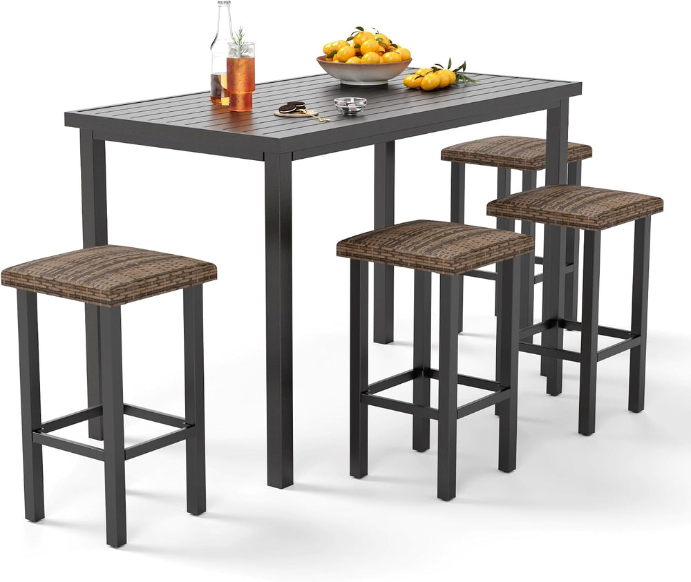 PHI VILLA 5 Piece Outdoor Patio Bar Set, Wicker, Bar Height