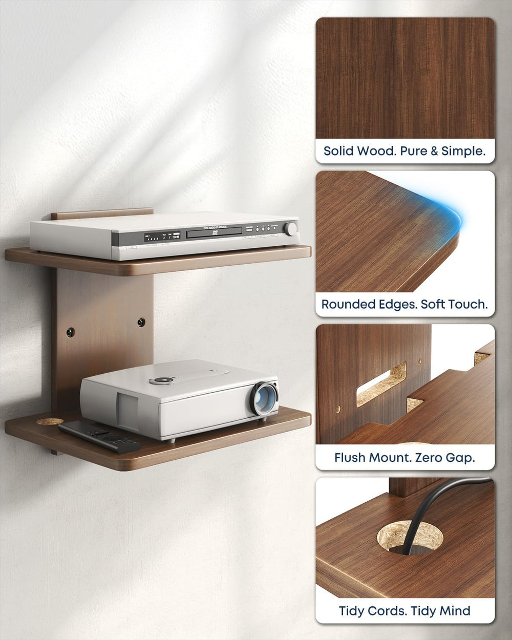 Floating TV Projector Shelf Wall Mount - 2 Tier Wooden Shelf, Walnut Brown