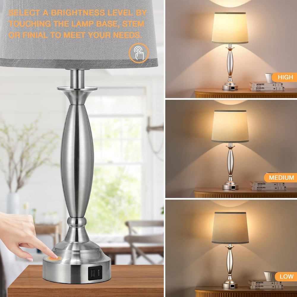 Bedroom Lamps for Nightstand, 3 Way Dimmable Silver Bedside Lamps with USB