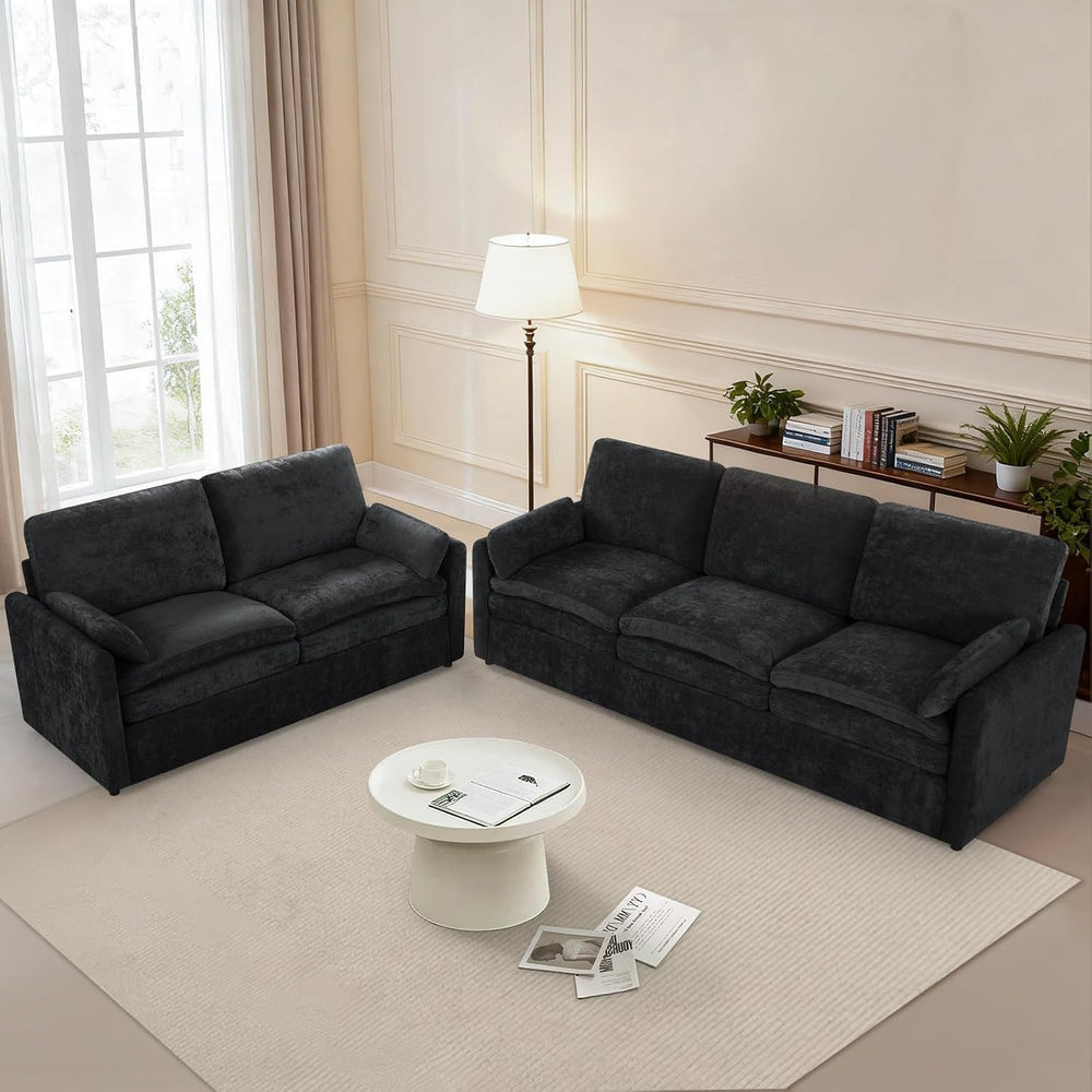 2 Pieces Chenille Upholstered Sofa Set w/Thicker Cushions, Black