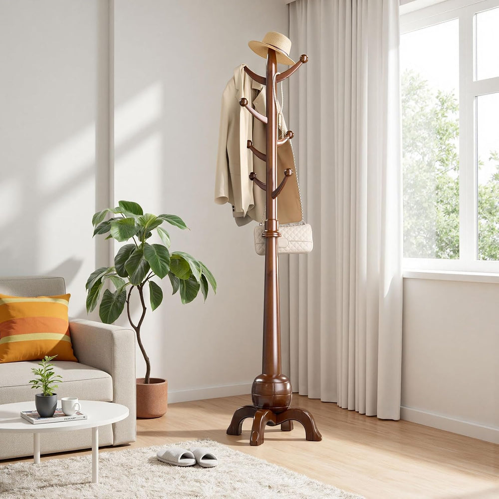 Coat Rack Freestanding with 8 Hooks, Wooden Coat Tree, Walnut