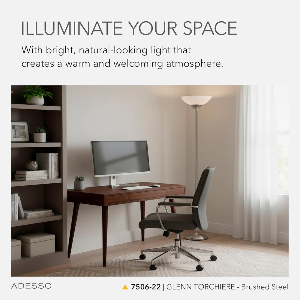 Adesso Dual-Socket Floor Lamp, Brushed Steel & White, 3-Way, 71”