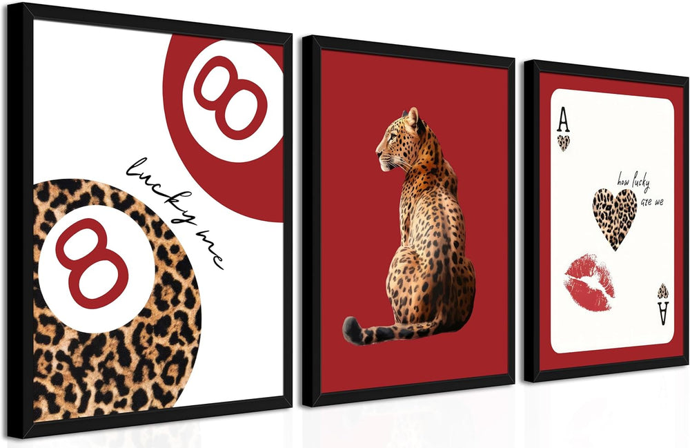 Framed Trendy Leopard Wall Art Set of 3, Red Funky Preppy Cheetah Wall Decor ...