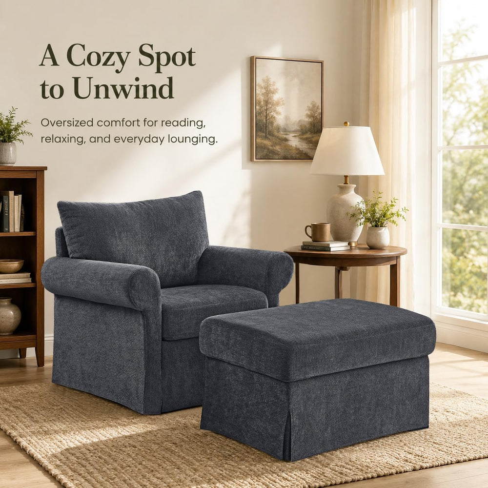 35.82" Oversized Accent Chair with Ottoman, Chenille Armchair, Gray