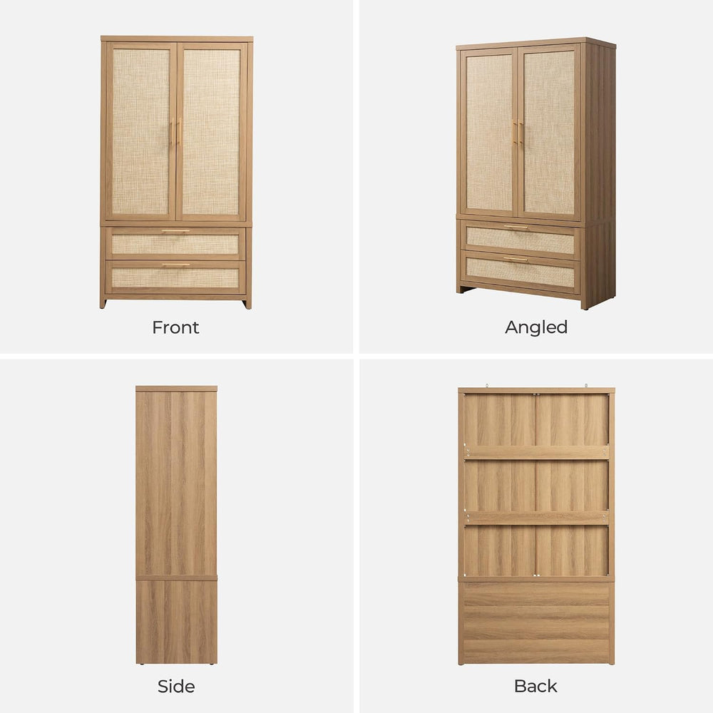 SICOTAS 71 inch Armoire Wardrobe Closet, Rattan Boho Wardrobe with Drawers