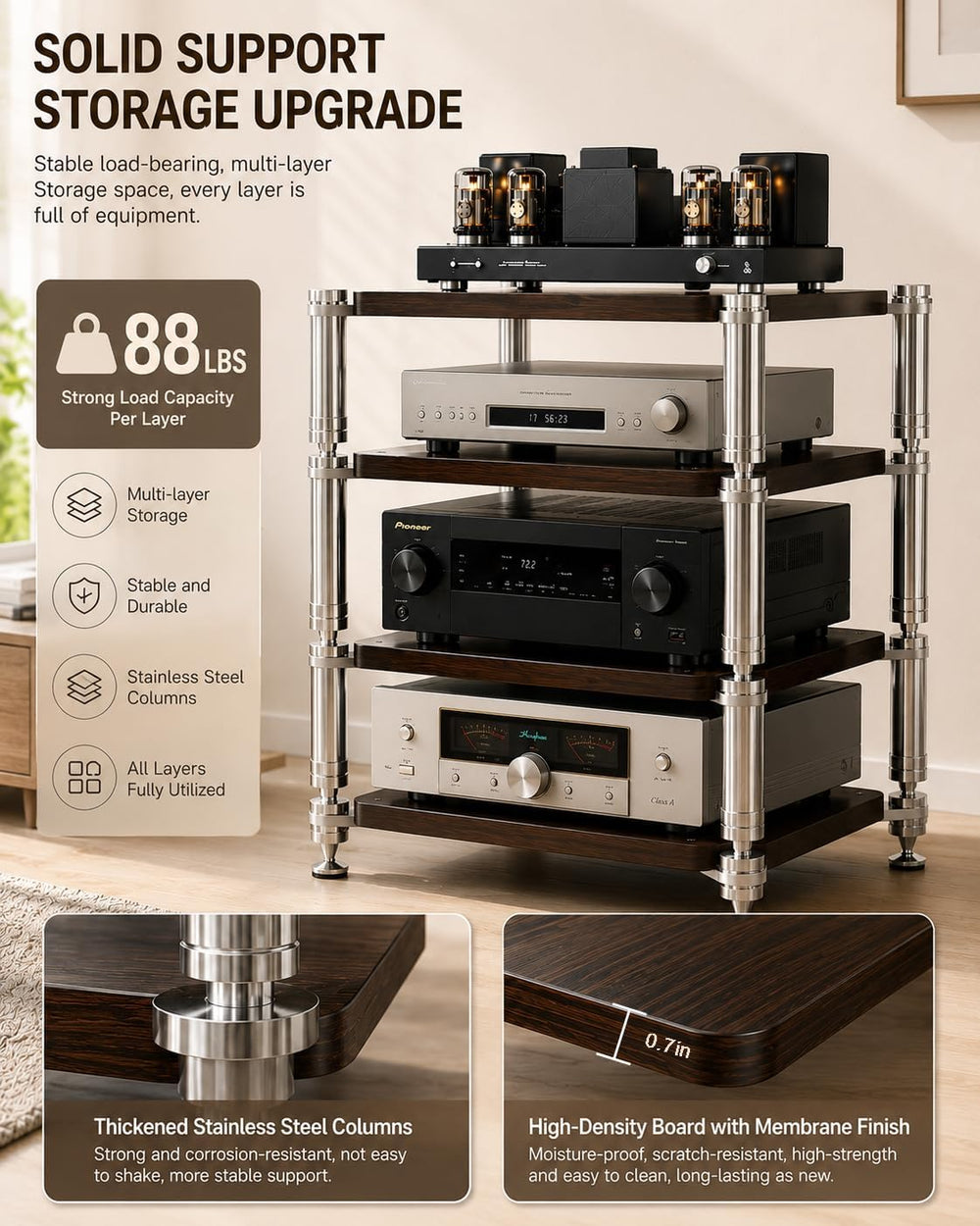 3-Tier HiFi Audio Rack, Audio Component Stand Black Walnut