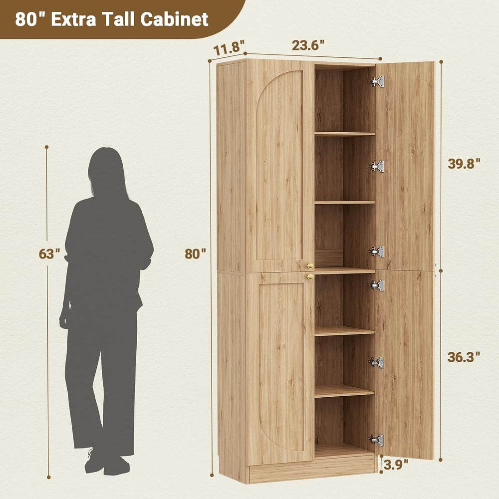 Cyclysio 80" Storage Cabinet, Tall Arched Bookcase with 4 Soft Close Doors