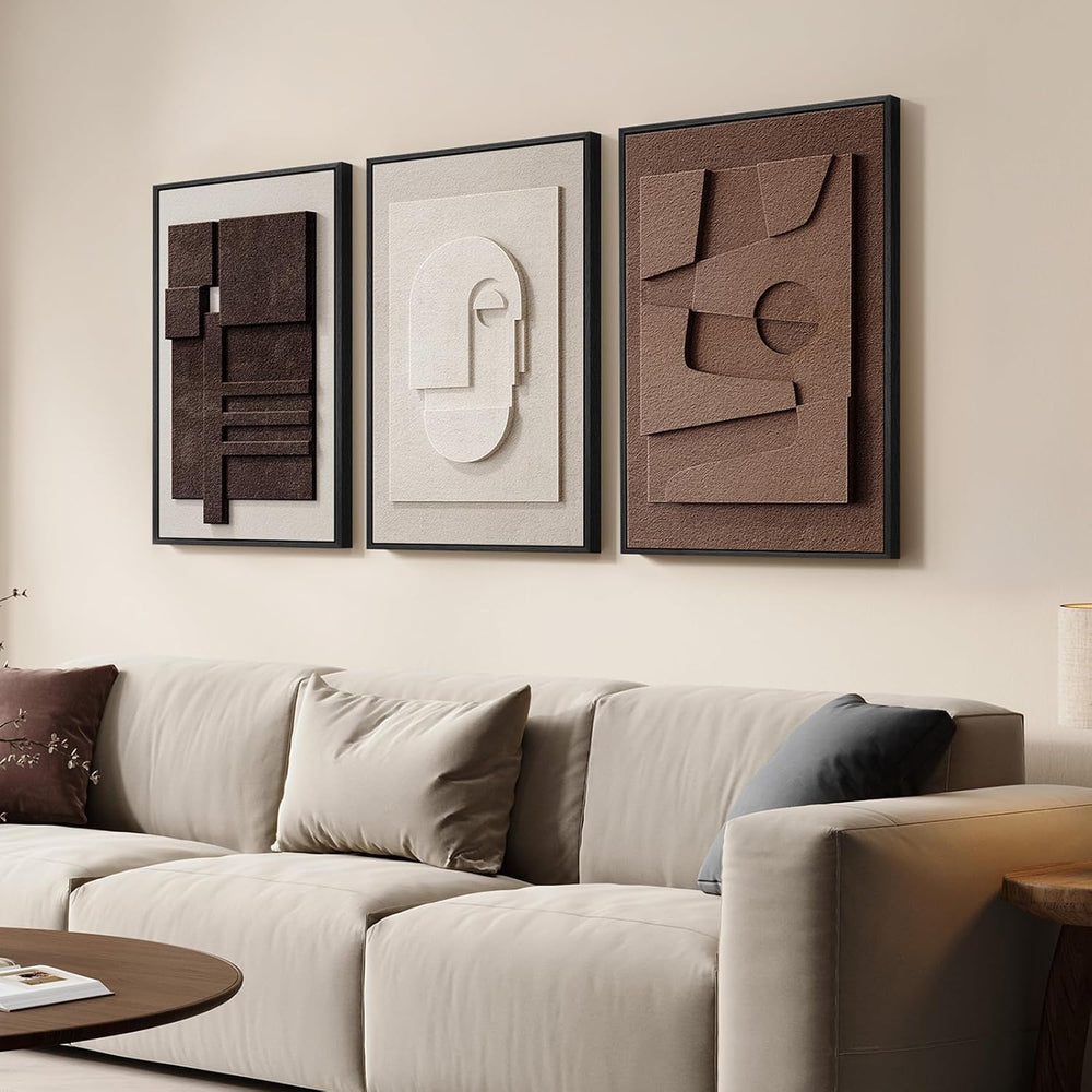 3D Textured Framed Brown and White Abstract Wall Art Set, 3 Piece 16x24 In