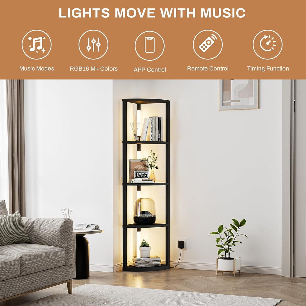 VILICK Corner Shelf with Light 5 Tier Tall Standing Shelf Dimmable Corner Flo...