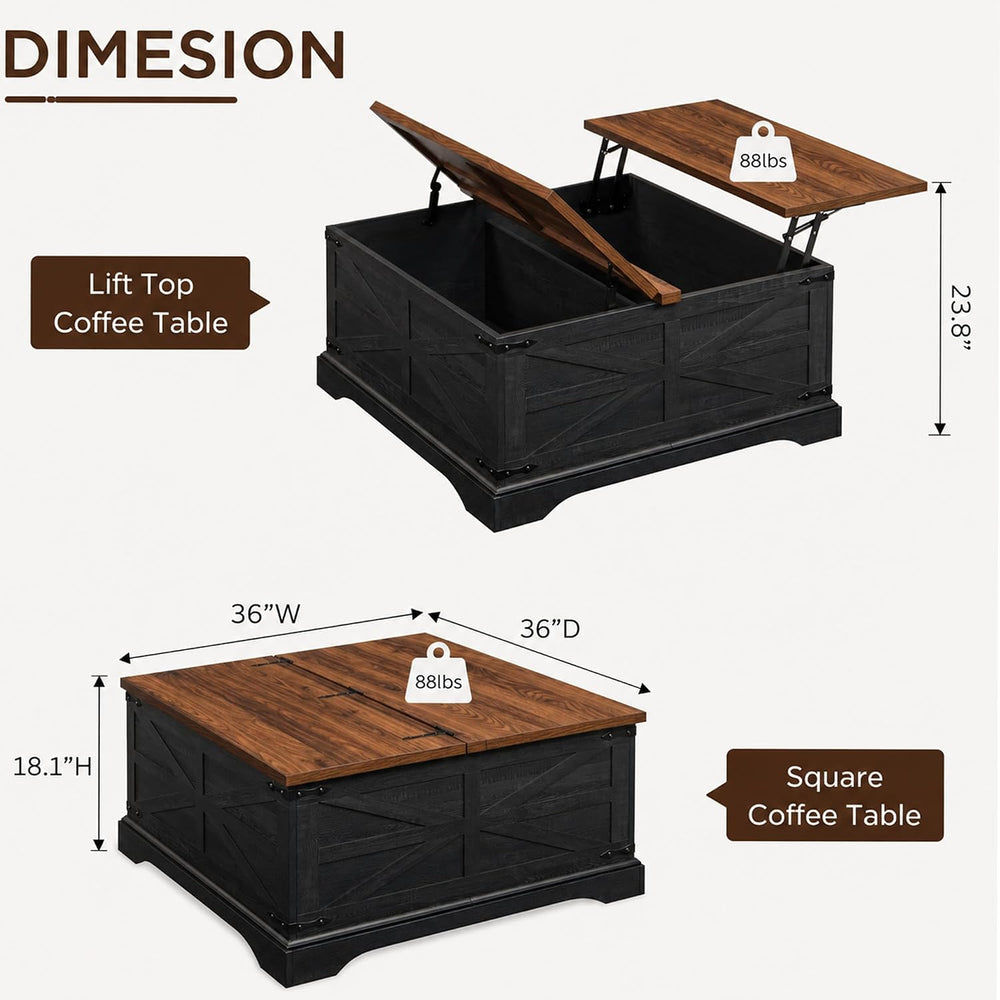 JXQTLINGMU Farmhouse Square Lift-Top Coffee Table with 36" Large Storage
