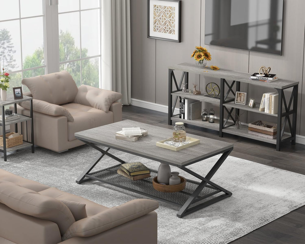 LVB Industrial Coffee Table, Metal Center Table, 47 inch, Light Grey Oak