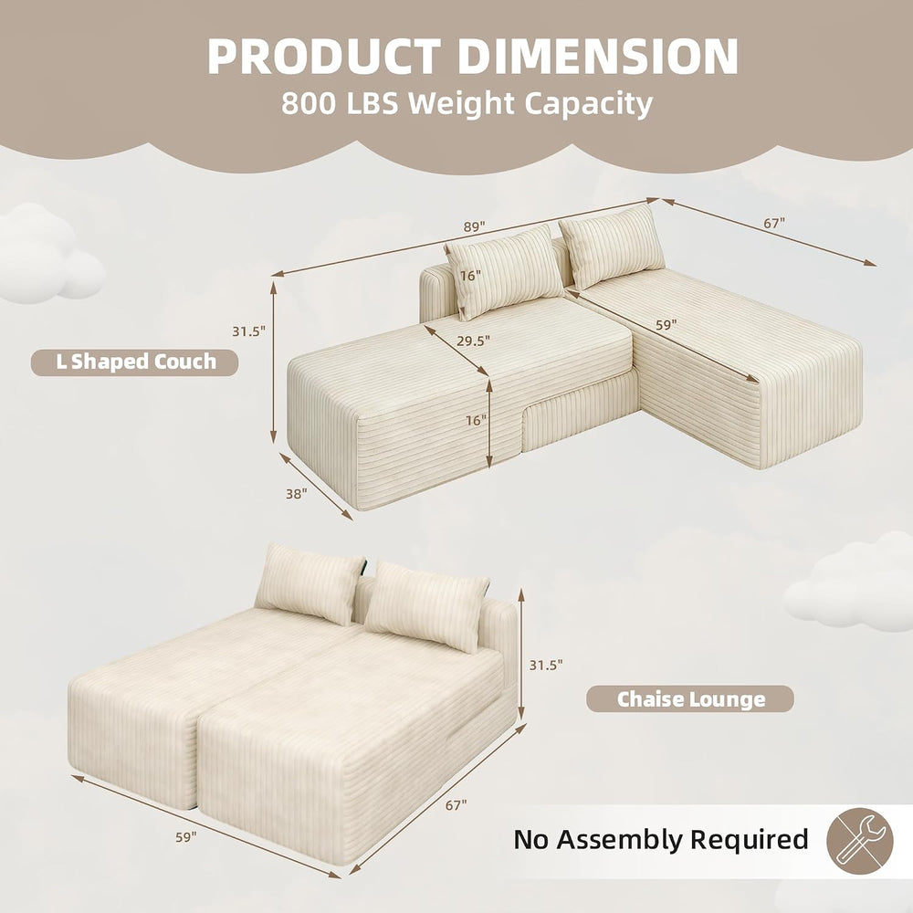 EROMMY 89" Boneless Sectional Couch, 4-in-1 Convertible Cloud Couch with...