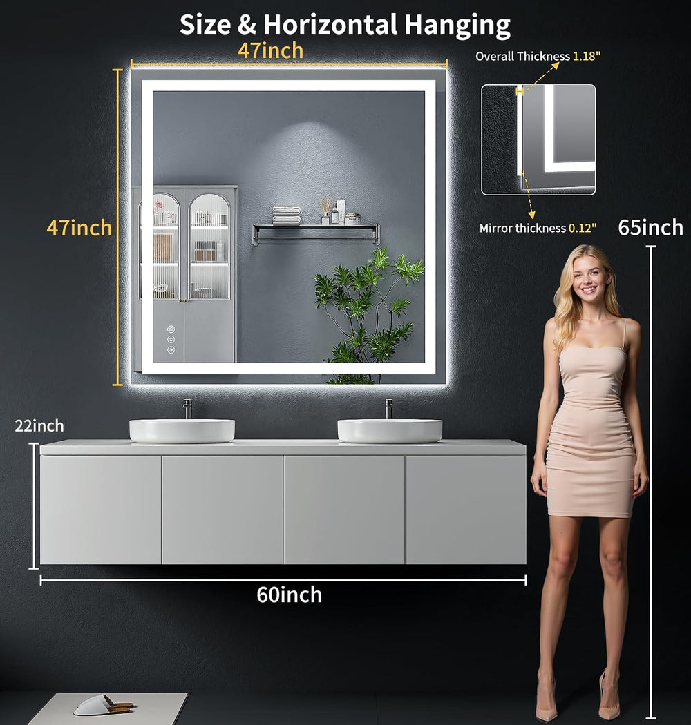 47"x47" LED Bathroom Mirror with Lights, Backlit+Frontlit, Anti-Fog