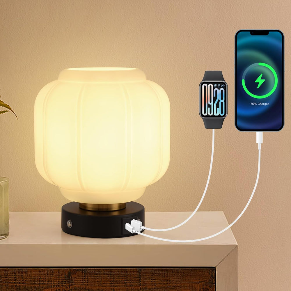 Rechargeable Table Lamp, Cordless Milk Glass Bedside Lamp Small